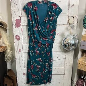 Talbots Teal and Red Floral Midi Dress Polyester Wrap Style Front Pull On in Lg